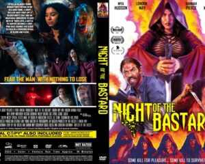 Front and back DVD cover for Night of the Bastard: neon-tinged hooded villain on front; action collage and tagline on back.