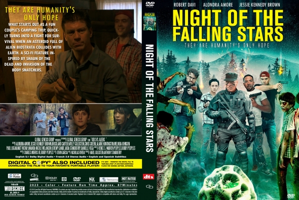 DVD cover for Night of the Falling Stars: a squad of armed survivors confronts a glowing alien creature in a neon-lit forest scene.