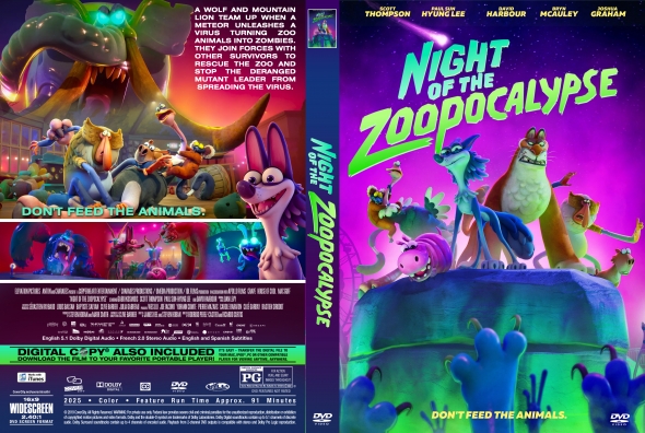 Front cover of 'Night of the Zoopocalypse' DVD featuring colorful cartoon animals posing on a neon-lit landscape with the title glowing; tagline 'Don't feed the animals' appears at bottom edge.