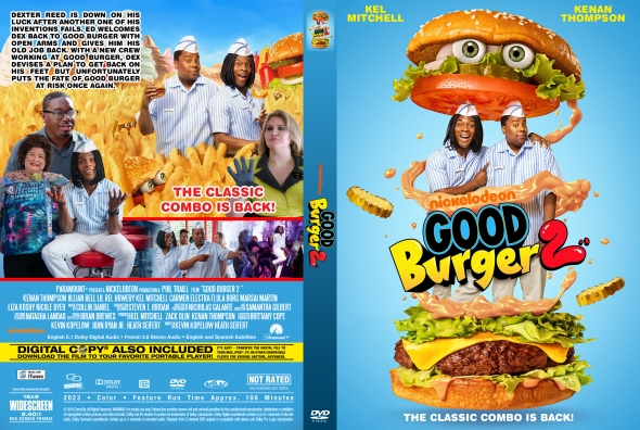 Front cover of Nickelodeon Good Burger 2 DVD: oversized stacked burger with lettuce, cheese, and a patty on a bright blue background; 'Good Burger 2' title visible.