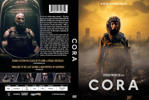 Front cover of CORA: a woman in survivor gear stands amid smoky ruins as a warm sunset glows, the title CORA bold at the bottom.