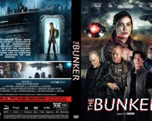 Front cover of 'The Bunker' DVD: group of diverse characters in a sci‑fi, post‑apocalyptic setting with bold red title text along the spine and a dark cityscape background.