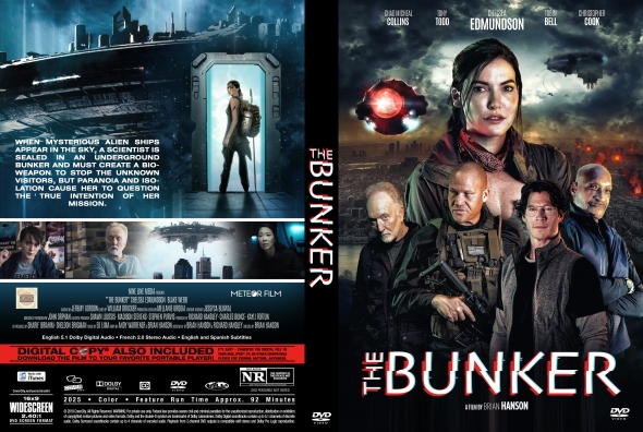 Front cover of 'The Bunker' DVD: group of diverse characters in a sci‑fi, post‑apocalyptic setting with bold red title text along the spine and a dark cityscape background.