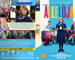 Front cover of the movie Allelujah: a nurse in blue stands center while elderly residents sit on a blue set, title in bright multi-color letters behind her.