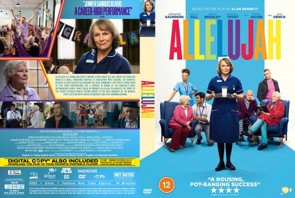 Front cover of the movie Allelujah: a nurse in blue stands center while elderly residents sit on a blue set, title in bright multi-color letters behind her.