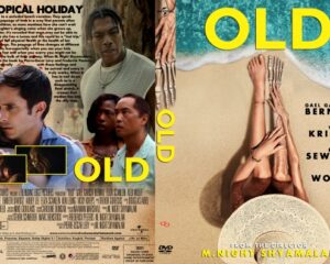 DVD cover for the film Old by M. Night Shyamalan, featuring cast photos on a sandy beach with a large yellow 'OLD' title.