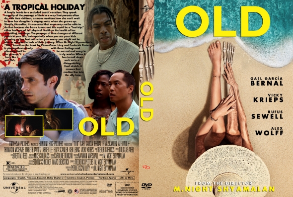 DVD cover for the film Old by M. Night Shyamalan, featuring cast photos on a sandy beach with a large yellow 'OLD' title.