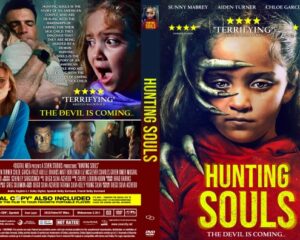 Front cover of the DVD for 'Hunting Souls' featuring a close-up of a scared girl in a red garment. The tagline 'The Devil Is Coming' is visible.