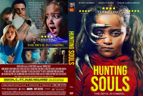Front cover of the DVD for 'Hunting Souls' featuring a close-up of a scared girl in a red garment. The tagline 'The Devil Is Coming' is visible.