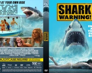 DVD cover for Shark Warning featuring a great white shark breaching near a swimmer and bold 'SHARK WARNING' text on blue background