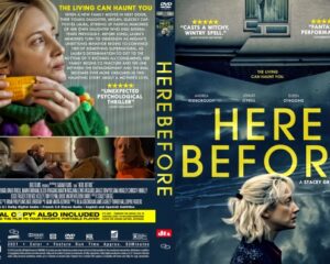 Front cover: pensive blonde woman in profile under a stormy blue sky, large yellow HERE BEFORE title on the right.