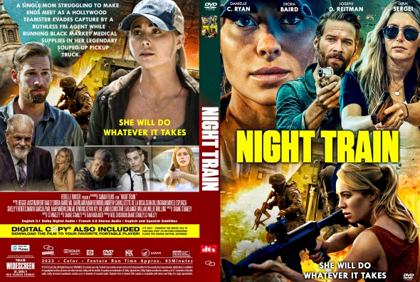 Night Train DVD cover: front collage of action scenes with bold yellow title and tagline 'She will do whatever it takes'; back cover shows cast and synopsis