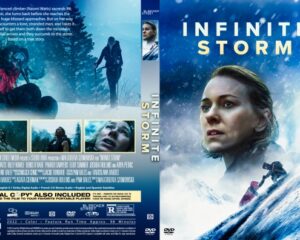 DVD cover for Infinite Storm: close-up of a woman's face in a snowy blast with the film title