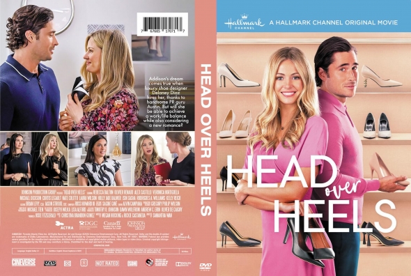 DVD cover for Head Over Heels, a Hallmark Channel original movie, showing a smiling couple in a shoe store with the title 'Head Over Heels' on pink background.