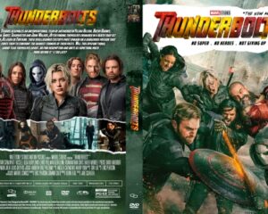 Dual-view Thunderbolts DVD cover: front shows superheroes in action; back features cast lineup and credits.