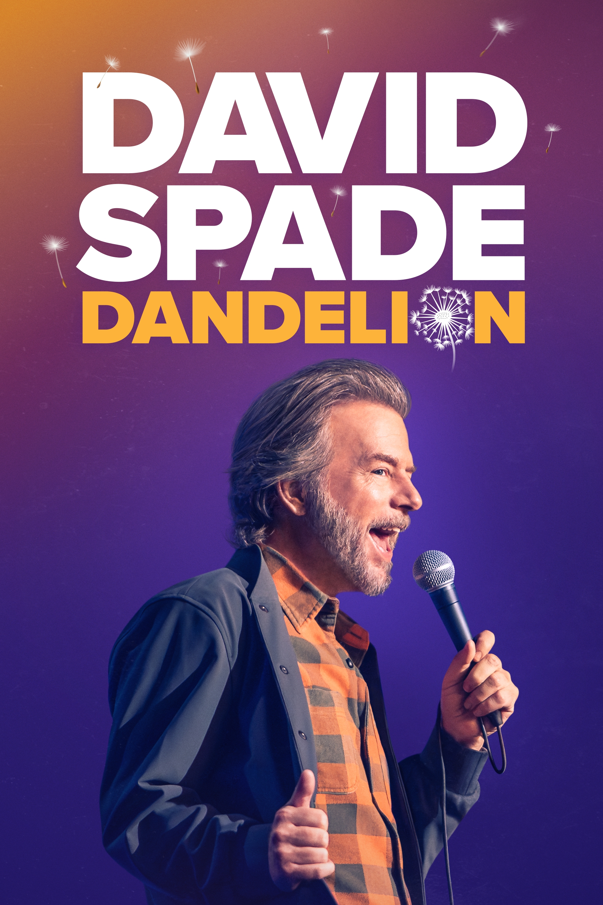 Comedian David Spade performing on stage with a microphone, against a purple-orange gradient poster that reads 'DAVID SPADE DANDELION'.