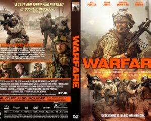 Front and back DVD cover for 'Warfare': desert battle image with soldiers aiming rifles; bold orange title on the spine and front.