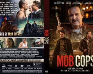 Double DVD cover for Mob Cops: right shows mob crime drama with gun and a gritty detective; left collage hints at inspired-by-true-events promotional art.