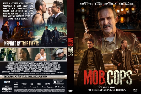 Double DVD cover for Mob Cops: right shows mob crime drama with gun and a gritty detective; left collage hints at inspired-by-true-events promotional art.