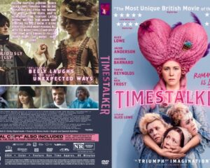 Timestalker DVD case: back cover with a vintage-costume collage and text, front cover shows a pink-haired woman and a group against a blue sky.