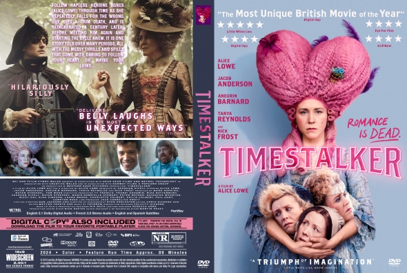 Timestalker DVD case: back cover with a vintage-costume collage and text, front cover shows a pink-haired woman and a group against a blue sky.