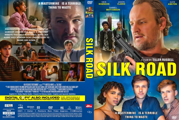 DVD cover for Silk Road featuring a man aiming a gun on the right and a group of younger characters at the bottom; bold yellow title across the center and a blue battlefield background.