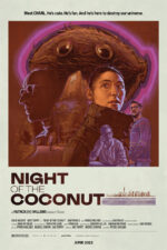 Poster for Night of the Coconut: a giant fluffy coconut creature looms over a woman in a coat, with two men nearby, a road and city skyline in the background, and the bold title at the bottom.