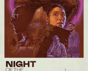 Poster for Night of the Coconut: a giant fluffy coconut creature looms over a woman in a coat, with two men nearby, a road and city skyline in the background, and the bold title at the bottom.