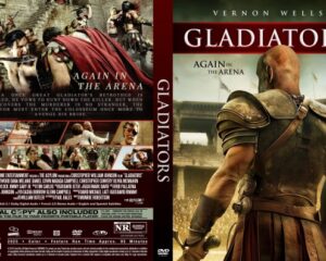 DVD cover for Gladiators: Again in the Arena, showing a muscular gladiator in bronze armor from the back against a stadium backdrop.