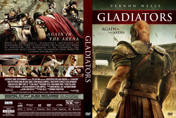 DVD cover for Gladiators: Again in the Arena, showing a muscular gladiator in bronze armor from the back against a stadium backdrop.