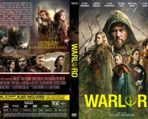 Dual-view DVD cover for Warlord: front shows a hooded man and group in a rugged, green-toned landscape with a bold yellow title WARLORD; back features a character collage and plot text.