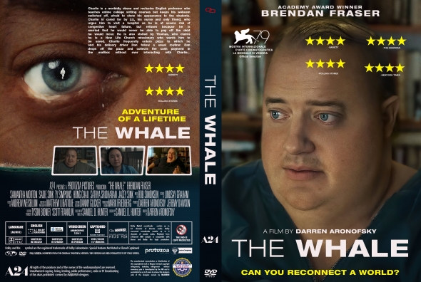 The Whale DVD cover — front shows a man looking to the side with the title and star ratings; back features a close-up eye and cast photos.