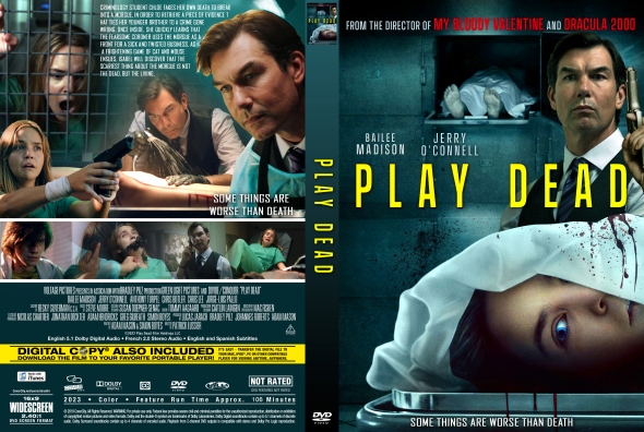 DVD cover for the thriller Play Dead showing a woman with a bandage on her head and a man with a gun, suggesting danger and crime drama.