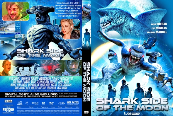 DVD cover for Shark Side of the Moon featuring blue sharks in spacey blue background and astronauts flying toward the viewer, title at bottom.
