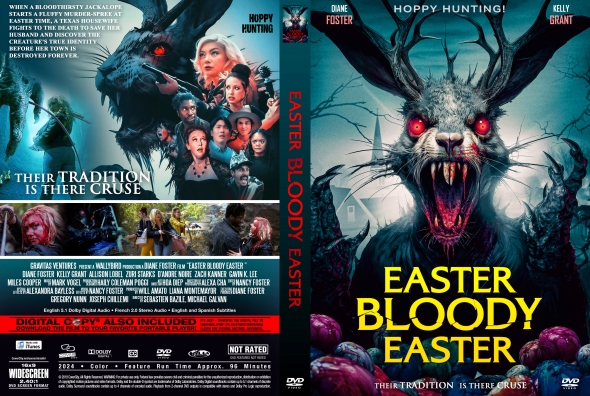 Front cover: a terrifying monster with red eyes and antlers looming over the title Easter Bloody Easter in yellow letters, dark blue background, horror vibe.