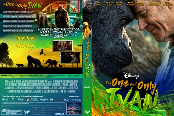 Front and back cover of The One and Only Ivan DVD: features a gorilla close to a man's face with a vibrant jungle backdrop and bold title text on the cover.