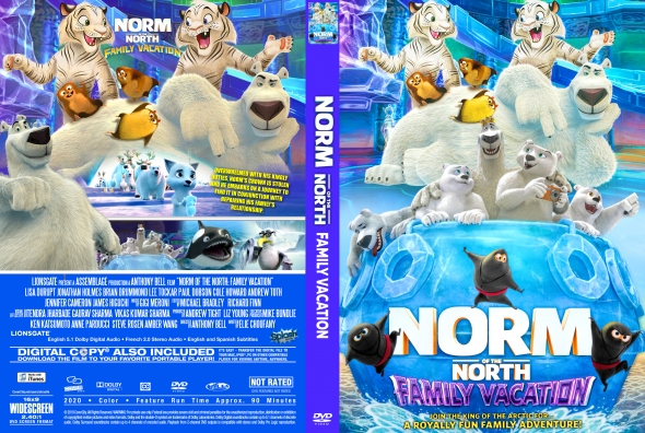 Front and back DVD cover for Norm of the North: Family Vacation, featuring polar bears and animal friends in a bright blue Arctic landscape.