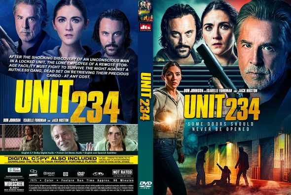 Front and back cover of the Unit 234 DVD: blue-toned collage of cast with bold yellow title and tagline 'Some doors should never be opened'.