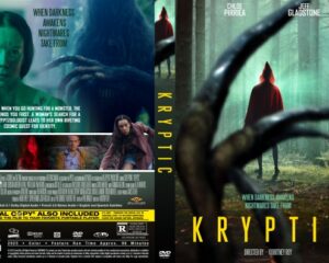 DVD cover for the horror film 'Kryptic' showing a hooded red-cloaked figure in a misty forest, clawed branches in the foreground, and a collage of cast at the bottom.
