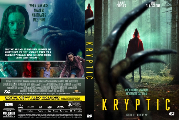DVD cover for the horror film 'Kryptic' showing a hooded red-cloaked figure in a misty forest, clawed branches in the foreground, and a collage of cast at the bottom.