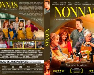 Movie poster for Nonna's featuring a group of people at a busy diner counter, bright yellow title and the tagline 'Your table is waiting'.