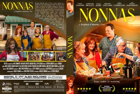 Movie poster for Nonna's featuring a group of people at a busy diner counter, bright yellow title and the tagline 'Your table is waiting'.