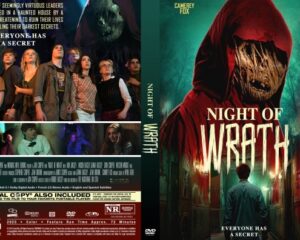 Front cover: Night of Wrath, a hooded, deformed figure looms over a man in a dark forest; eerie horror vibe.