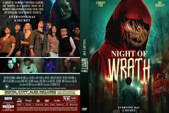 Front cover: Night of Wrath, a hooded, deformed figure looms over a man in a dark forest; eerie horror vibe.
