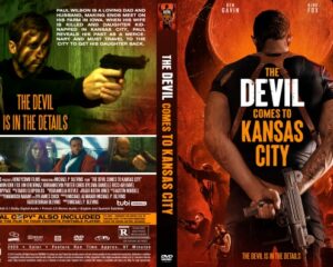 Front cover of a DVD for 'The Devil Comes to Kansas City': a muscular man holding a pistol from behind, bold orange title, hellish red background.