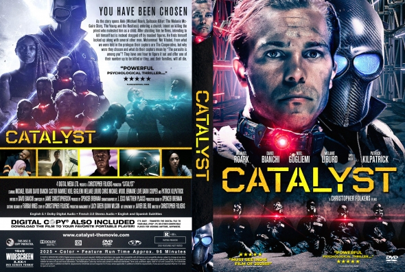 Front cover: man in a high-tech suit with a red light on his chest, bold yellow 'CATALYST' title on blue‑tinted sci‑fi art.