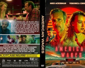 Front and back cover of the DVD 'American Wages': right side shows a man and woman against a red sunset with a retro diner and car; left side features collage panels and the film synopsis on the back