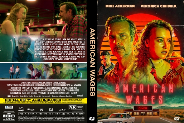 Front and back cover of the DVD 'American Wages': right side shows a man and woman against a red sunset with a retro diner and car; left side features collage panels and the film synopsis on the back