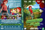DVD cover for 'A Greyhound of a Girl' featuring a red-haired girl riding a bicycle in a coastal landscape with a friend in the foreground and a large title in green lettering.