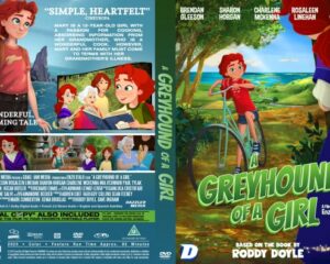 DVD cover for 'A Greyhound of a Girl' featuring a red-haired girl riding a bicycle in a coastal landscape with a friend in the foreground and a large title in green lettering.
